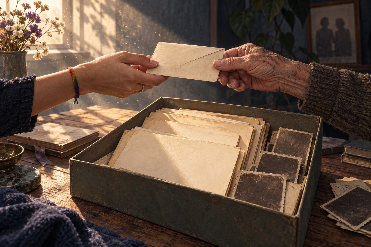 Conceptual illustration of younger and older hands passing an envelope above an archival box of aged papers and faded photographs.