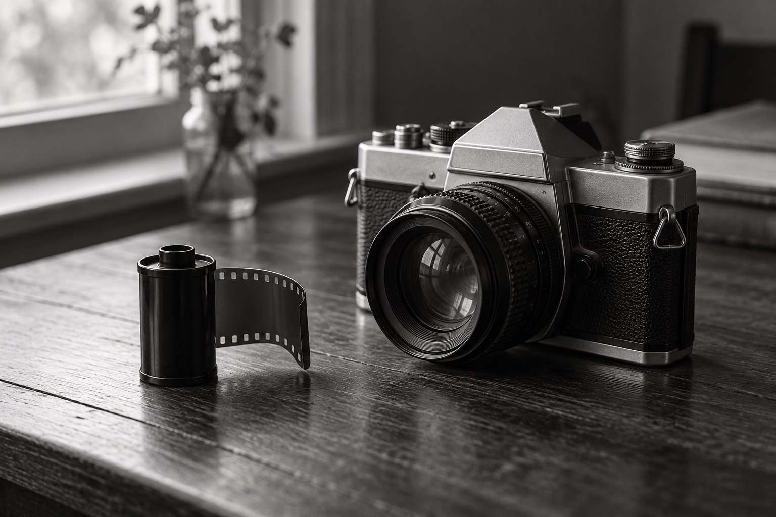 Black-and-white illustration of an unbranded 35mm film cassette beside a vintage camera on a sunlit wooden table.