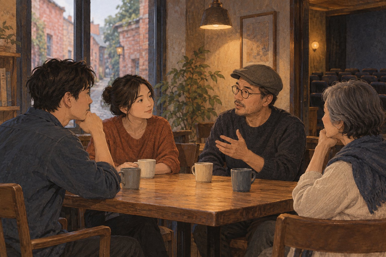 概念插画:几位观众围坐木桌交流观影感受,窗外隐约可见红砖街巷