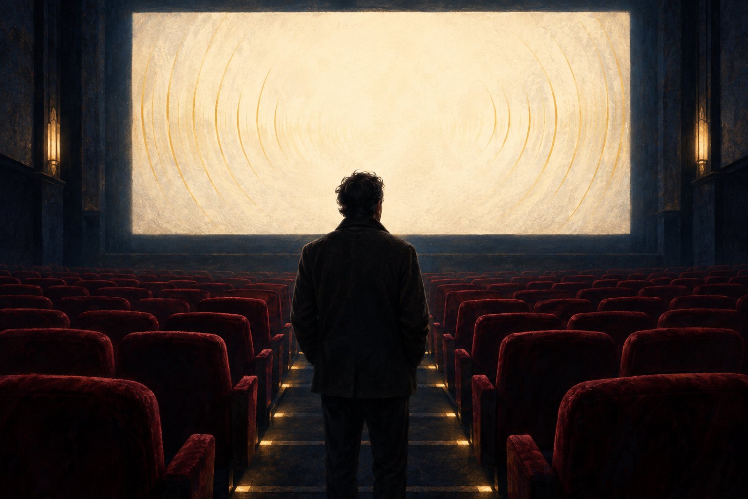 Conceptual illustration of a lone man facing a glowing screen in an empty theater with red seats.