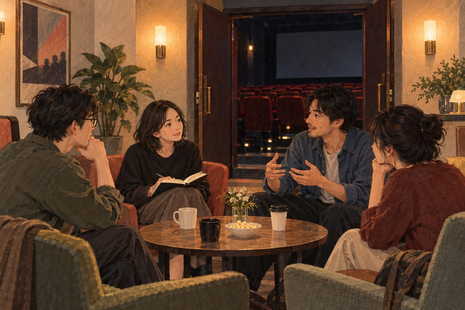 四名观众在影院休息区围坐交流观影感受的概念插画