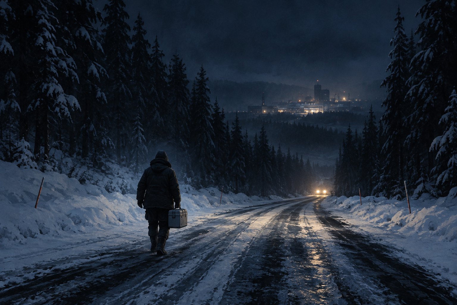 Concept illustration of a lone medical courier carrying a case along a snowy road toward distant town lights.