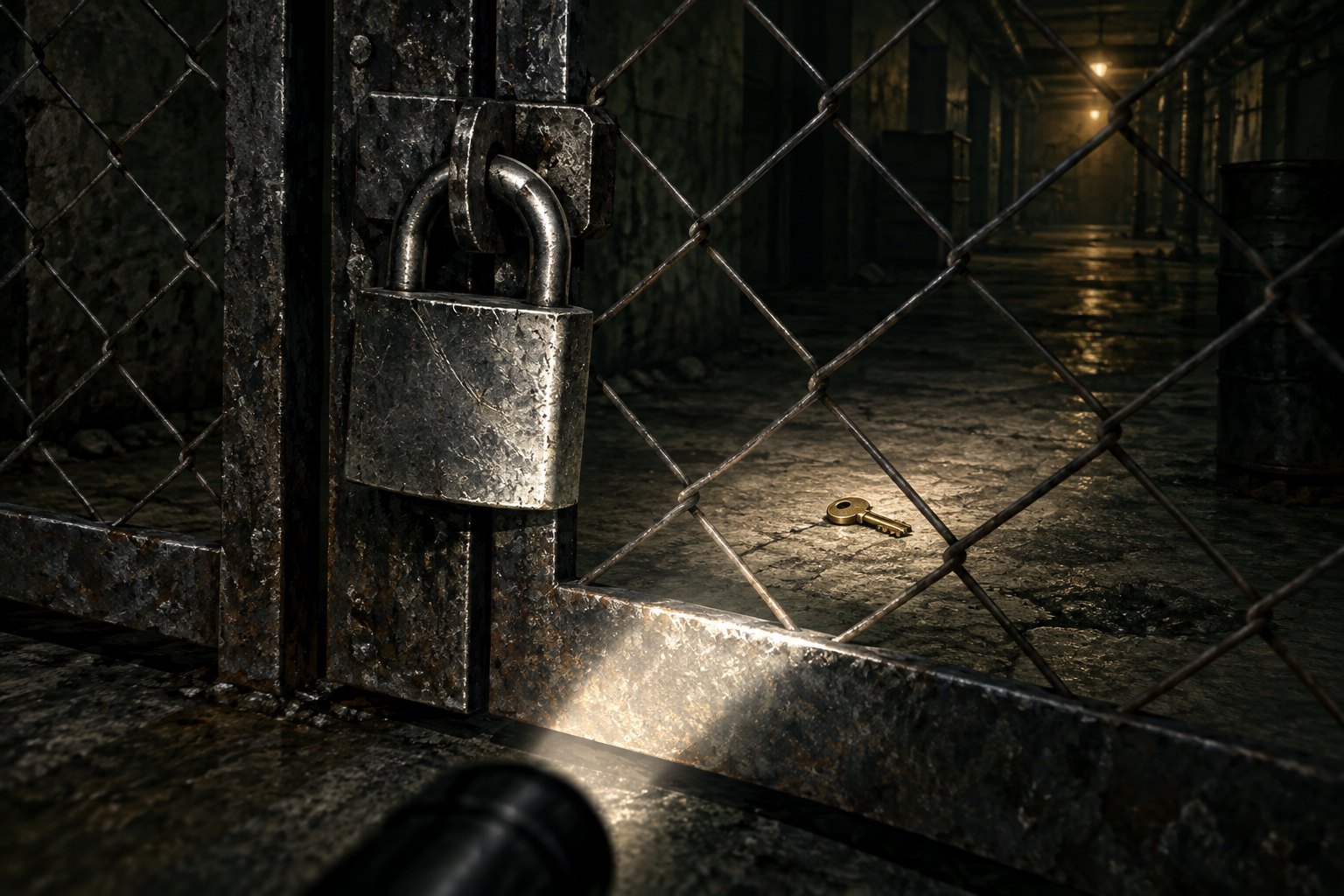 Concept illustration of a flashlight illuminating a padlocked metal gate with a brass key lying beyond it.