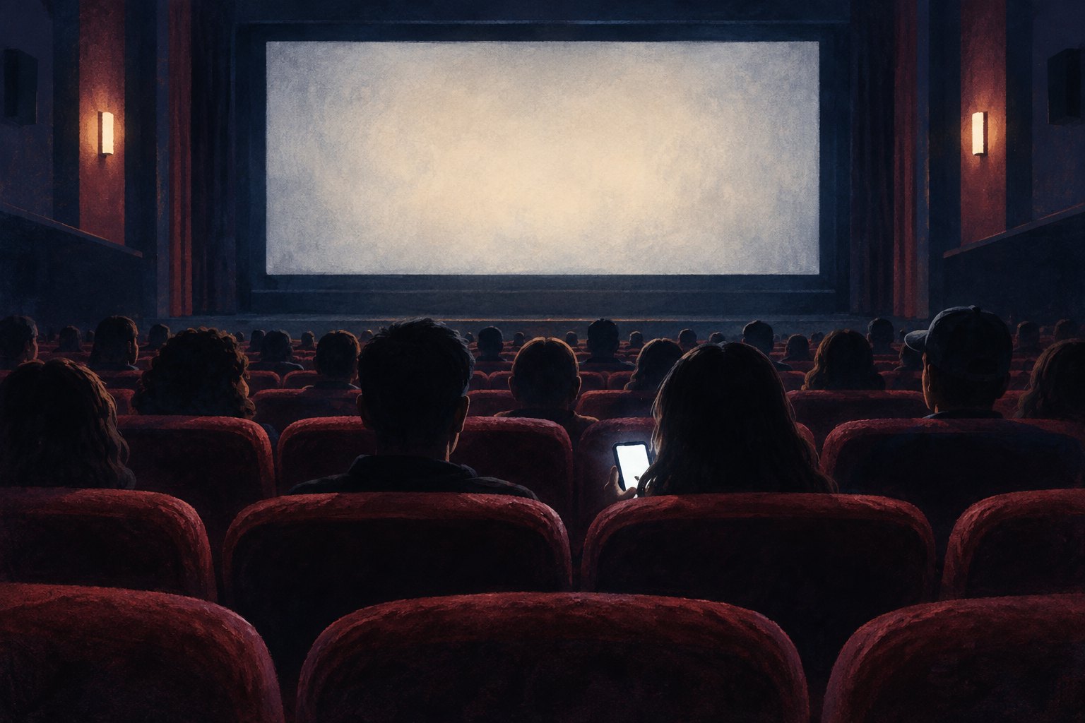 Editorial illustration of a glowing phone among seated moviegoers facing a blank cinema screen.