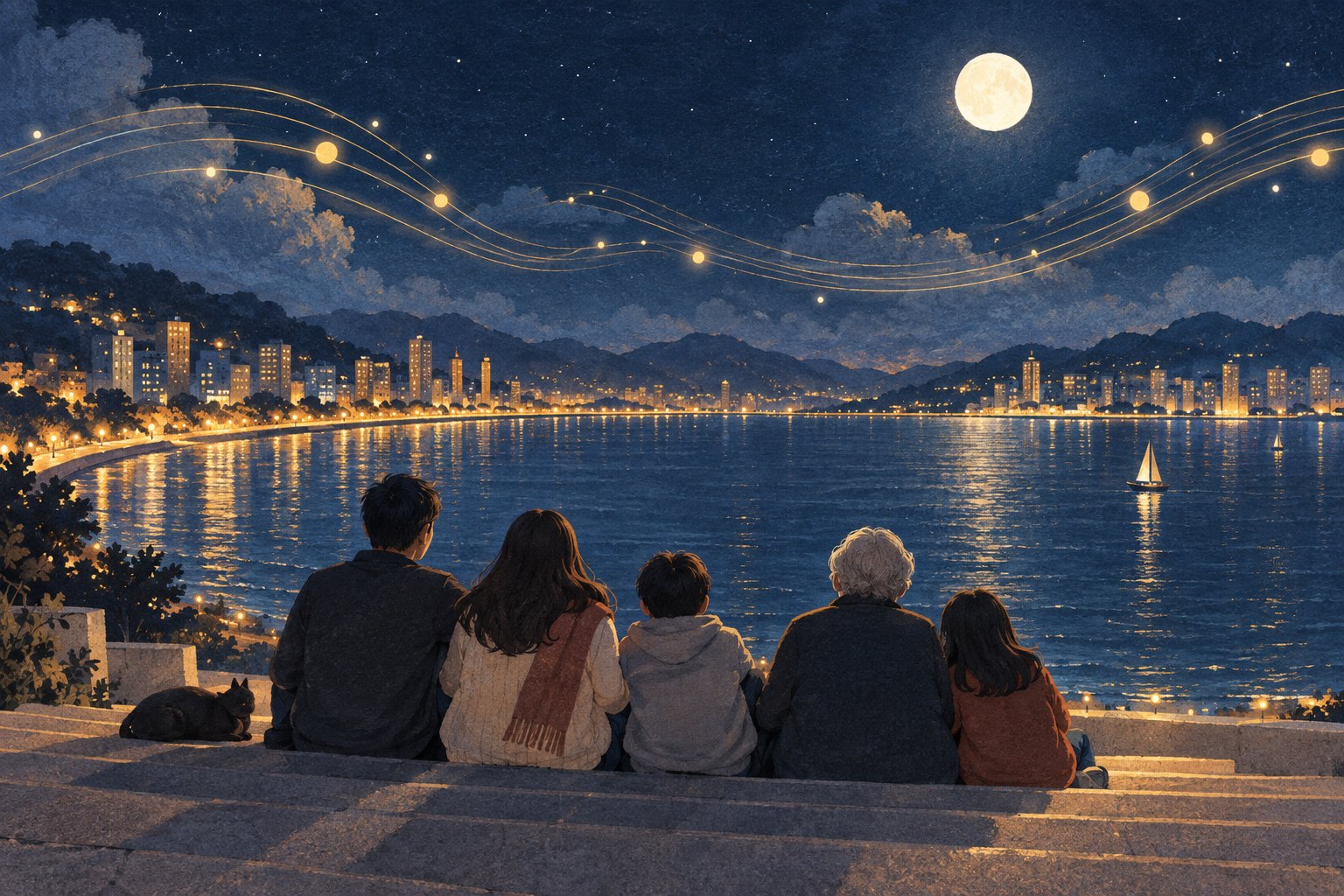 明月下,不同年龄的人并肩坐在海湾台阶上,城市灯火与金色乐线相映的概念插画