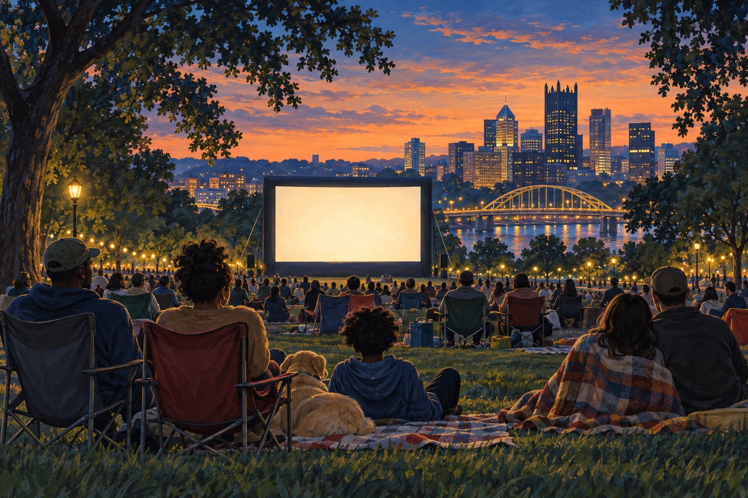 Illustration of neighbors seated on blankets and folding chairs facing an outdoor movie screen in a tree-lined park at dusk.