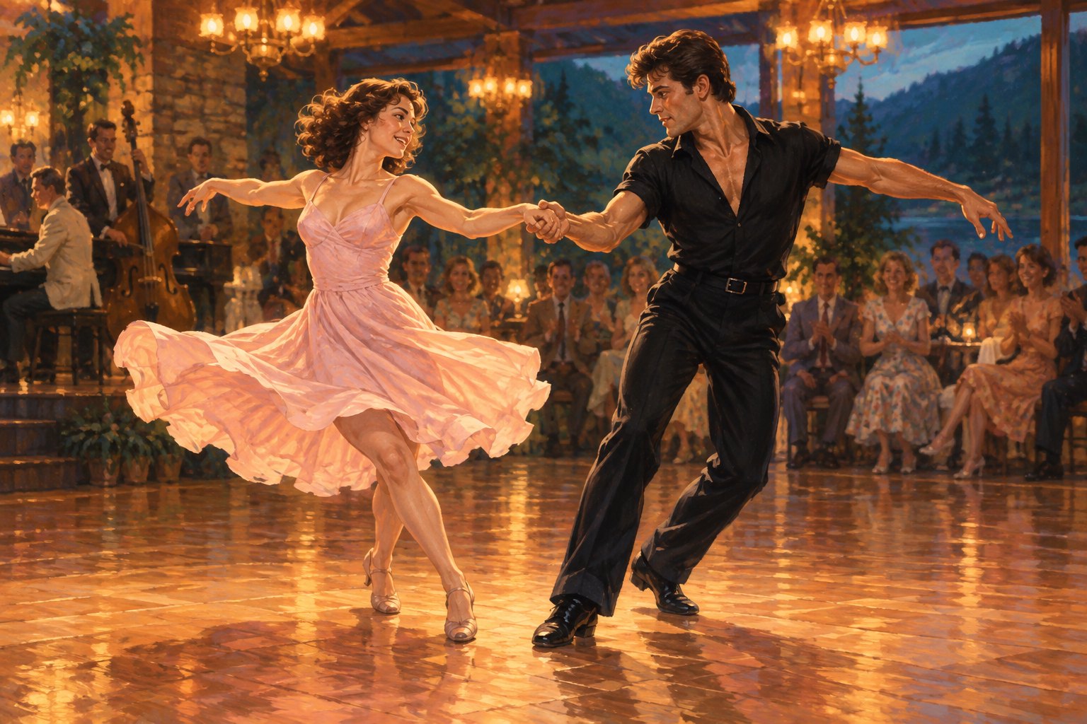 Painterly illustration of a woman in a pink dress and her partner in black dancing in a warmly lit resort ballroom.