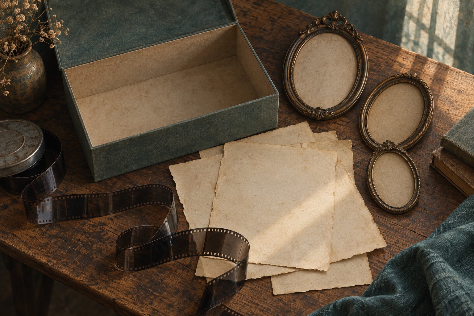 Conceptual illustration of an archival box, aged paper, three empty portrait frames, and film on a wooden table.