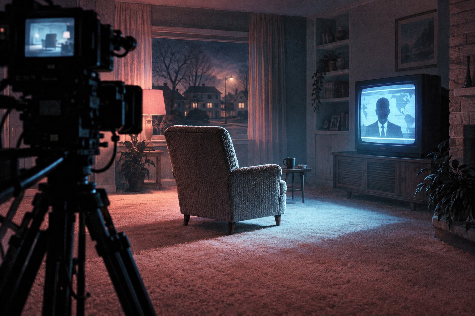 Conceptual illustration of a broadcast camera facing an empty armchair in a suburban room lit by a television.