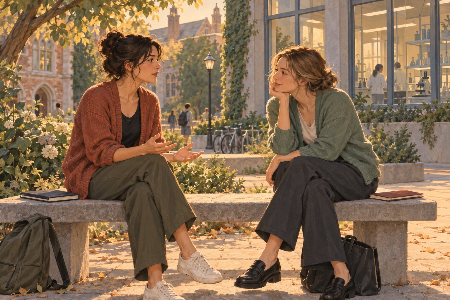 Conceptual illustration of two adult women researchers having a supportive conversation in a sunlit university courtyard.