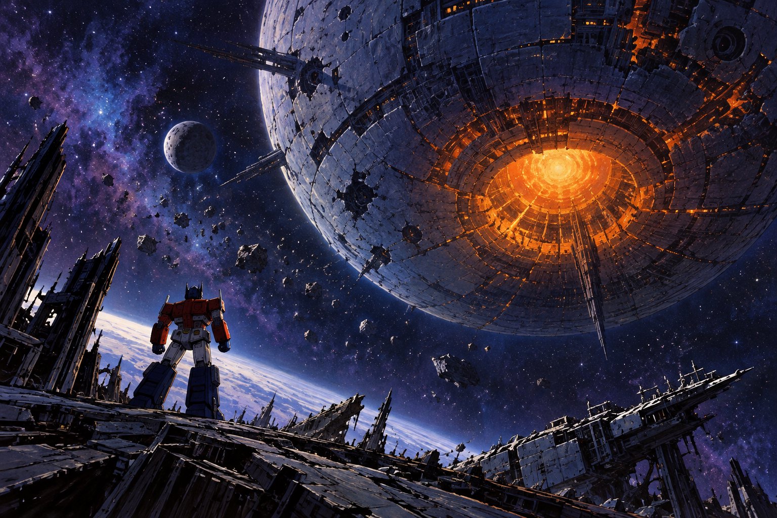 Original science-fiction illustration of a red and blue robot facing an enormous mechanical planet with a glowing orange maw.