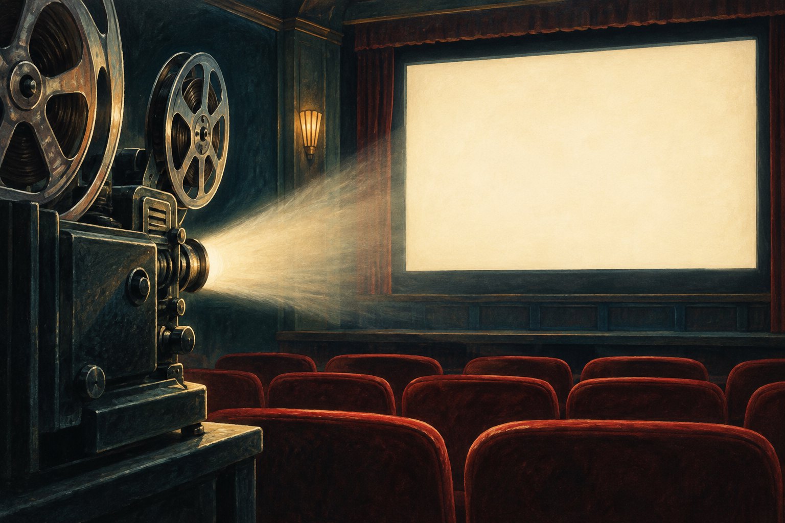 Conceptual illustration of a film projector casting light toward a blank screen above burgundy seats in an empty theater.