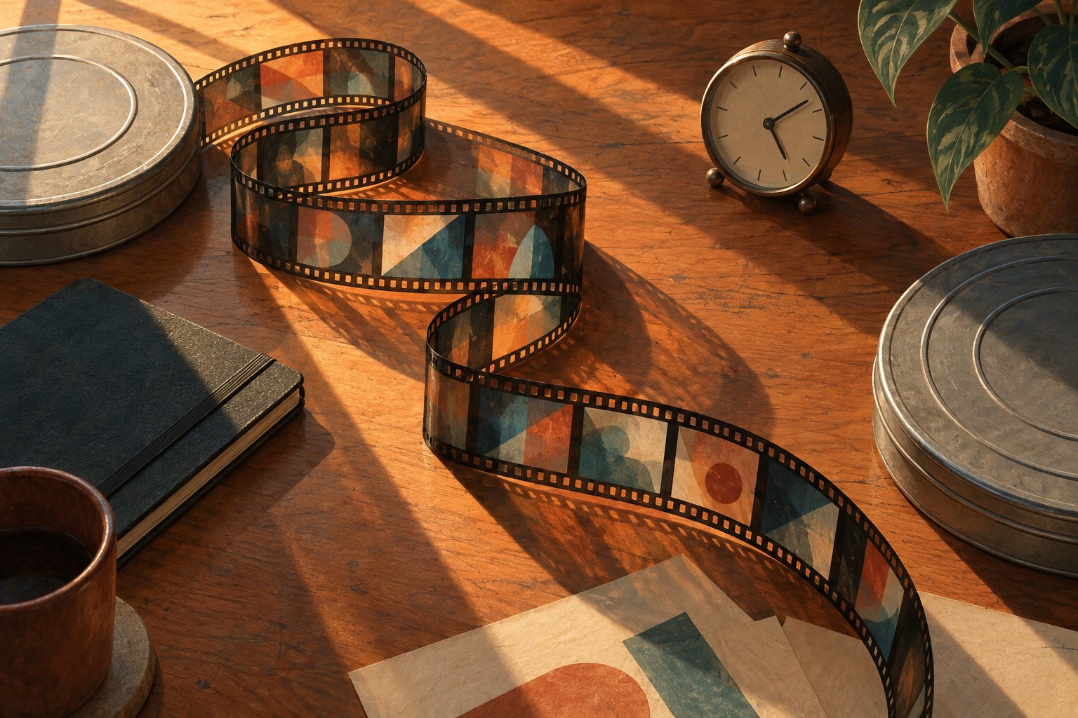 Editorial illustration of a curling filmstrip, metal film cans, a closed notebook, and an analog clock on a sunlit wooden desk.