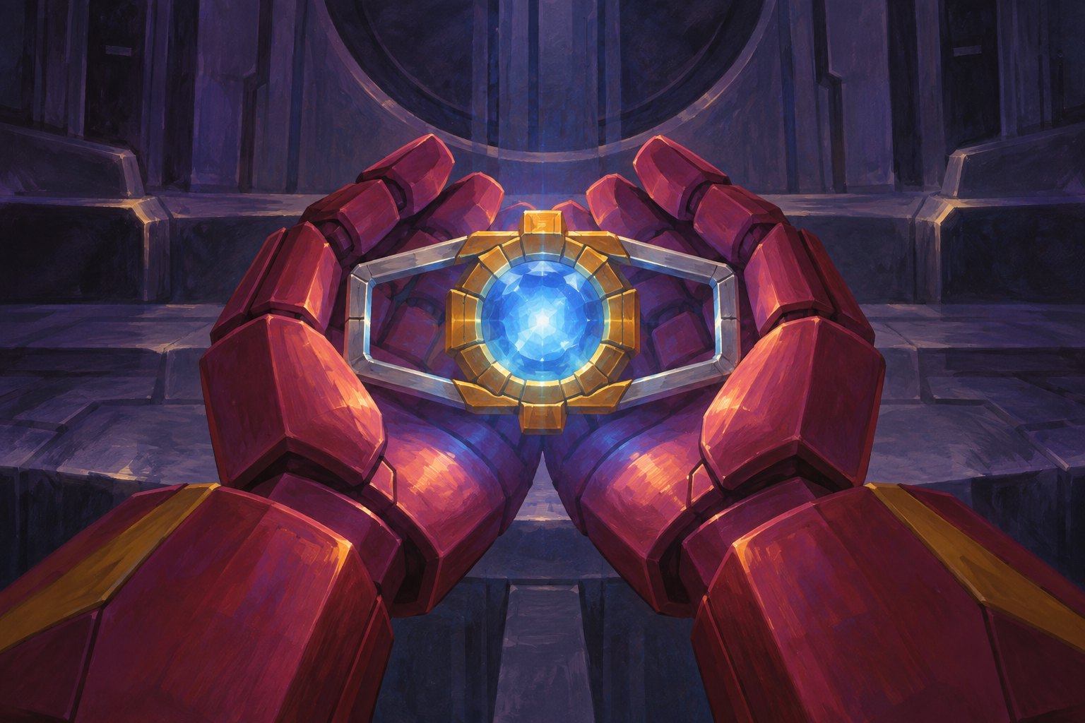 Original conceptual illustration of red robotic hands cradling a glowing blue crystal in a gold and silver frame.