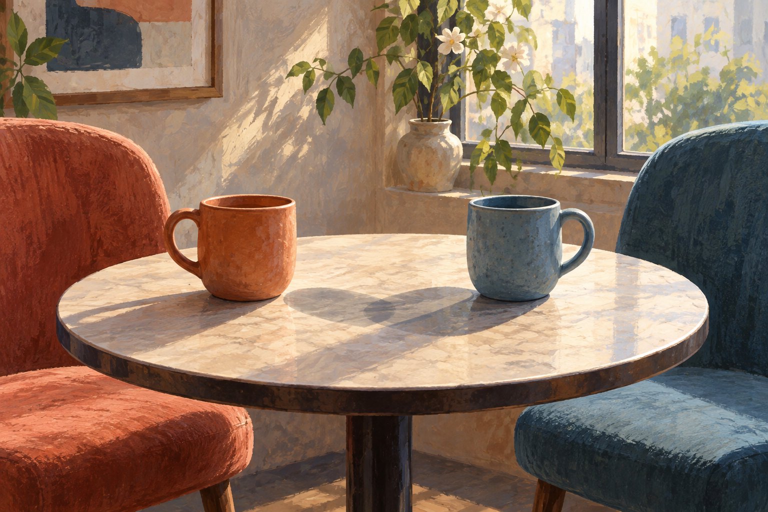 Conceptual illustration of terracotta and blue cups on a sunlit table between two empty upholstered chairs.