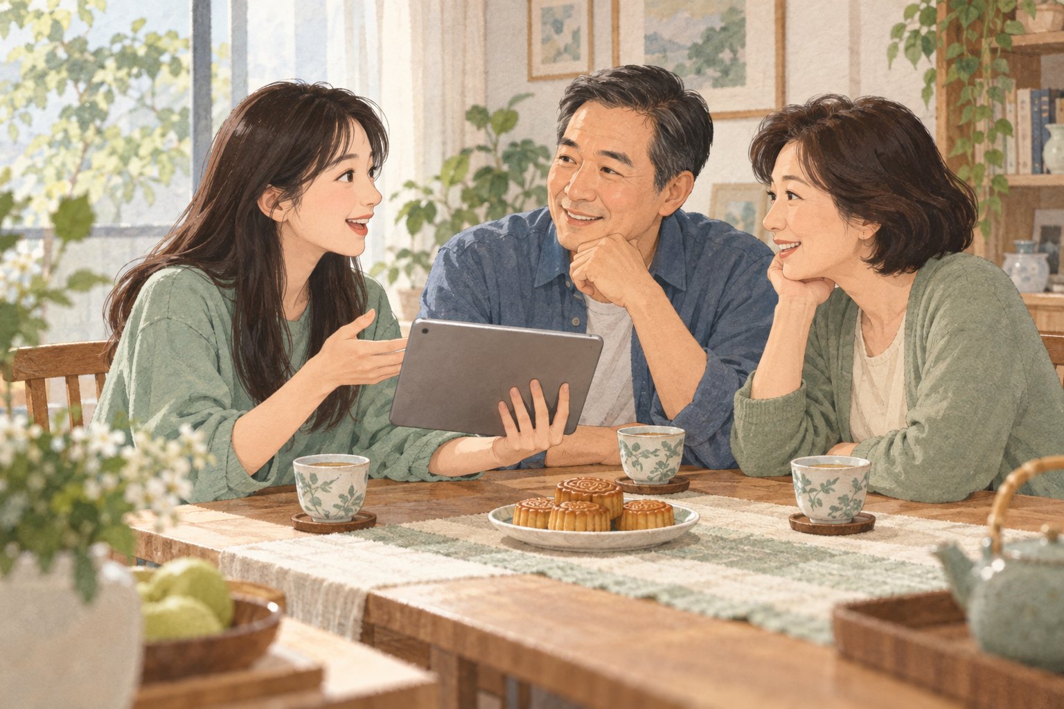 家庭选片主题插画:一家三口围坐餐桌商量观影安排,桌上摆着月饼和茶杯
