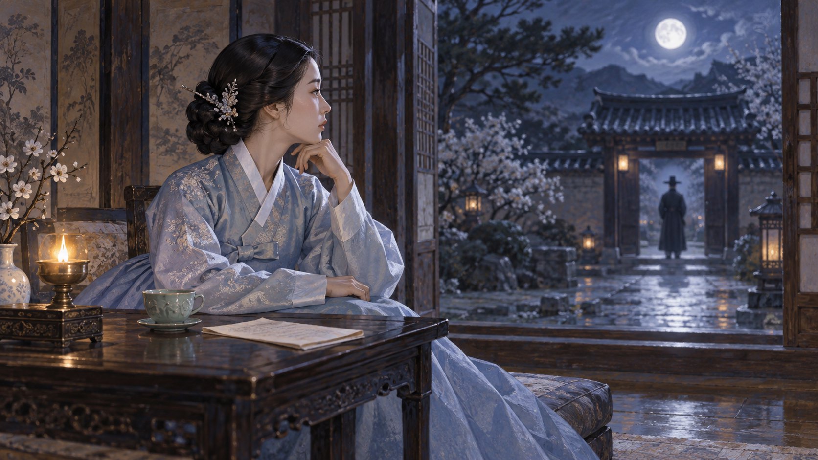 原創概念插畫:身穿淡藍韓服的女子坐在茶桌旁望向月下庭院,遠處男子身影與她保持距離