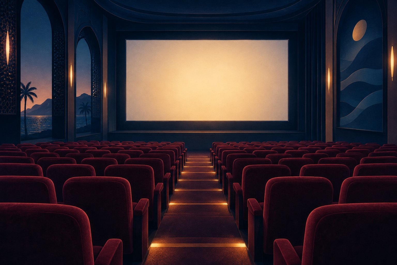 Editorial illustration of an empty cinema with burgundy seats, a softly glowing blank screen, and warm aisle lighting.