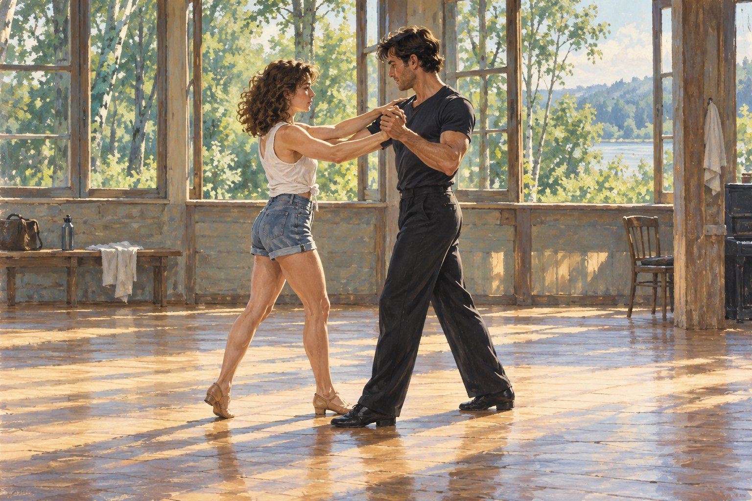Painterly illustration of two dance partners practicing their frame in a sunlit wooden studio overlooking summer greenery.
