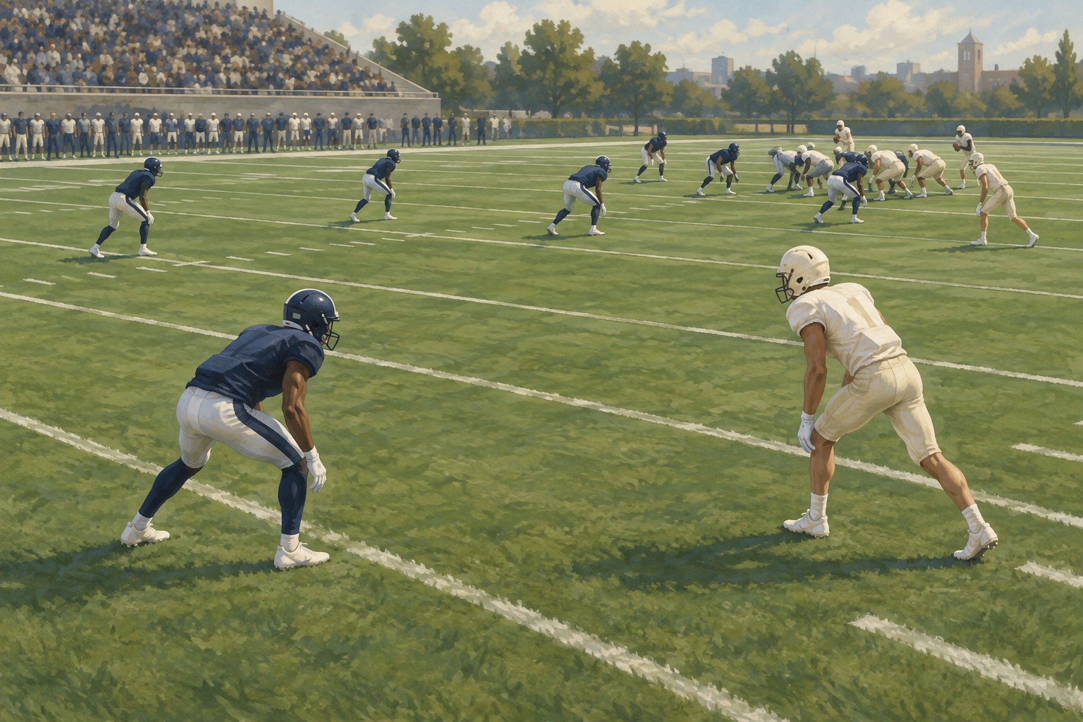 Conceptual illustration of a defensive back facing a receiver while other football players line up across the field.