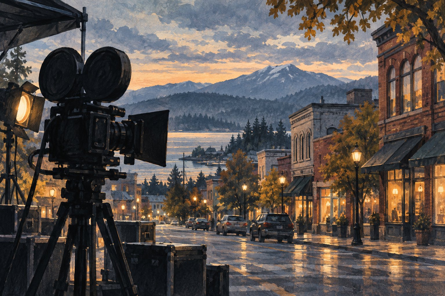 Conceptual illustration of a cinema camera overlooking an imagined Pacific Northwest downtown with brick storefronts.