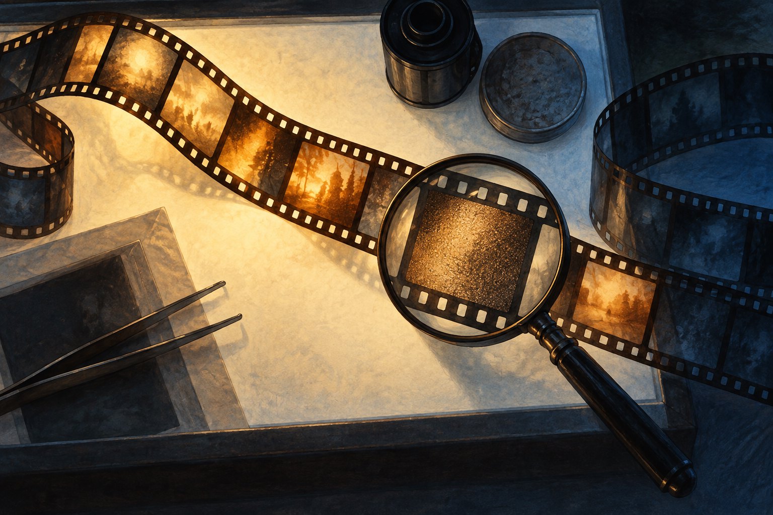 Conceptual illustration of a filmstrip and magnifying glass on a light table, with frames passing from warm light into shadow.