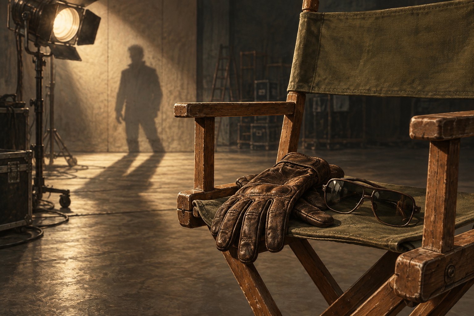 Conceptual illustration of worn gloves and sunglasses on a film-set chair, with a human-shaped shadow beyond a studio lamp.