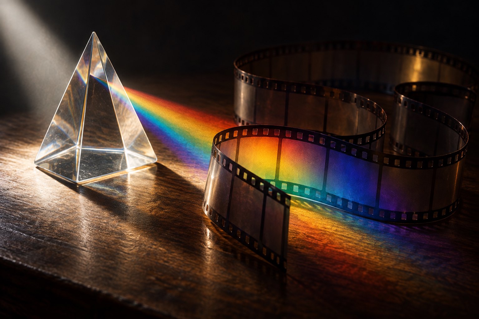 A conceptual illustration of a glass prism casting rainbow light across a curled strip of blank film.