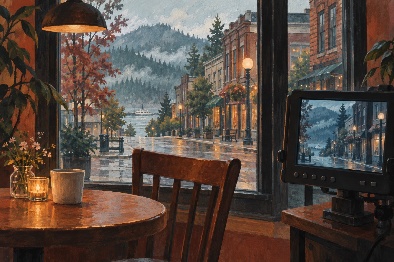 Conceptual illustration of a cafe window and a film monitor showing different views of an imagined downtown street.