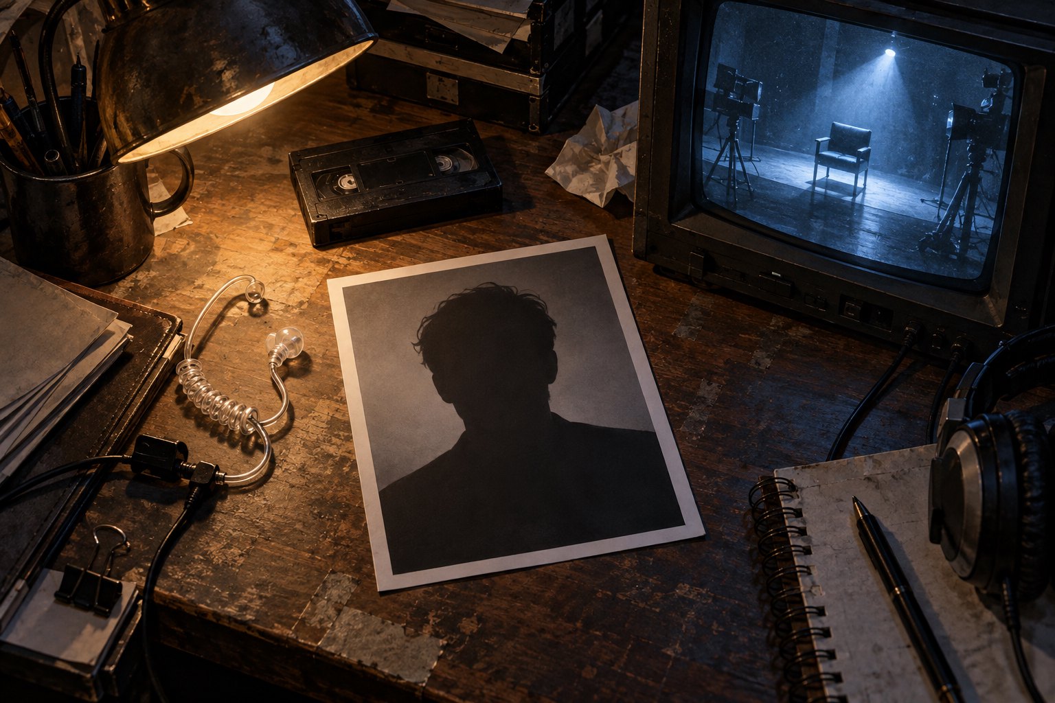 Conceptual illustration of a production desk with a silhouetted headshot, coiled earpiece, cassette, and monitor showing an empty chair.