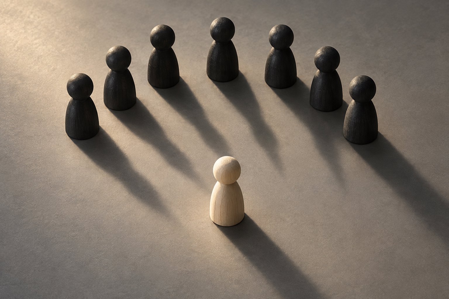 A pale wooden figure stands apart from a semicircle of dark wooden figures casting long shadows.