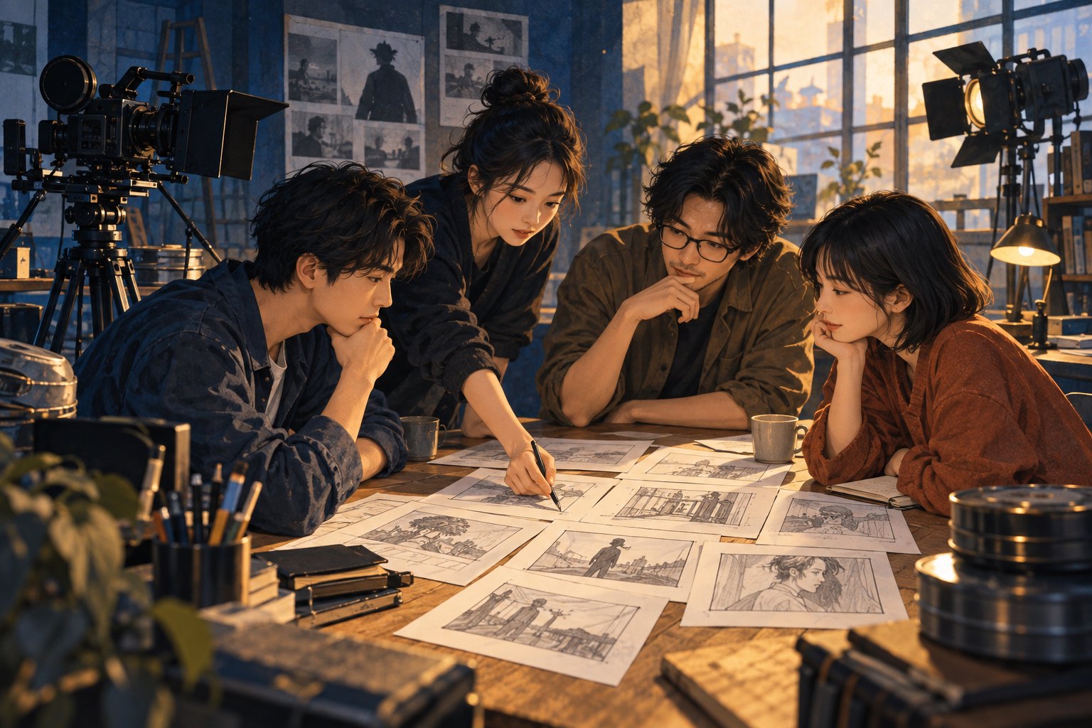 青年电影创作者围桌讨论分镜，摄影机置于一旁的概念插画