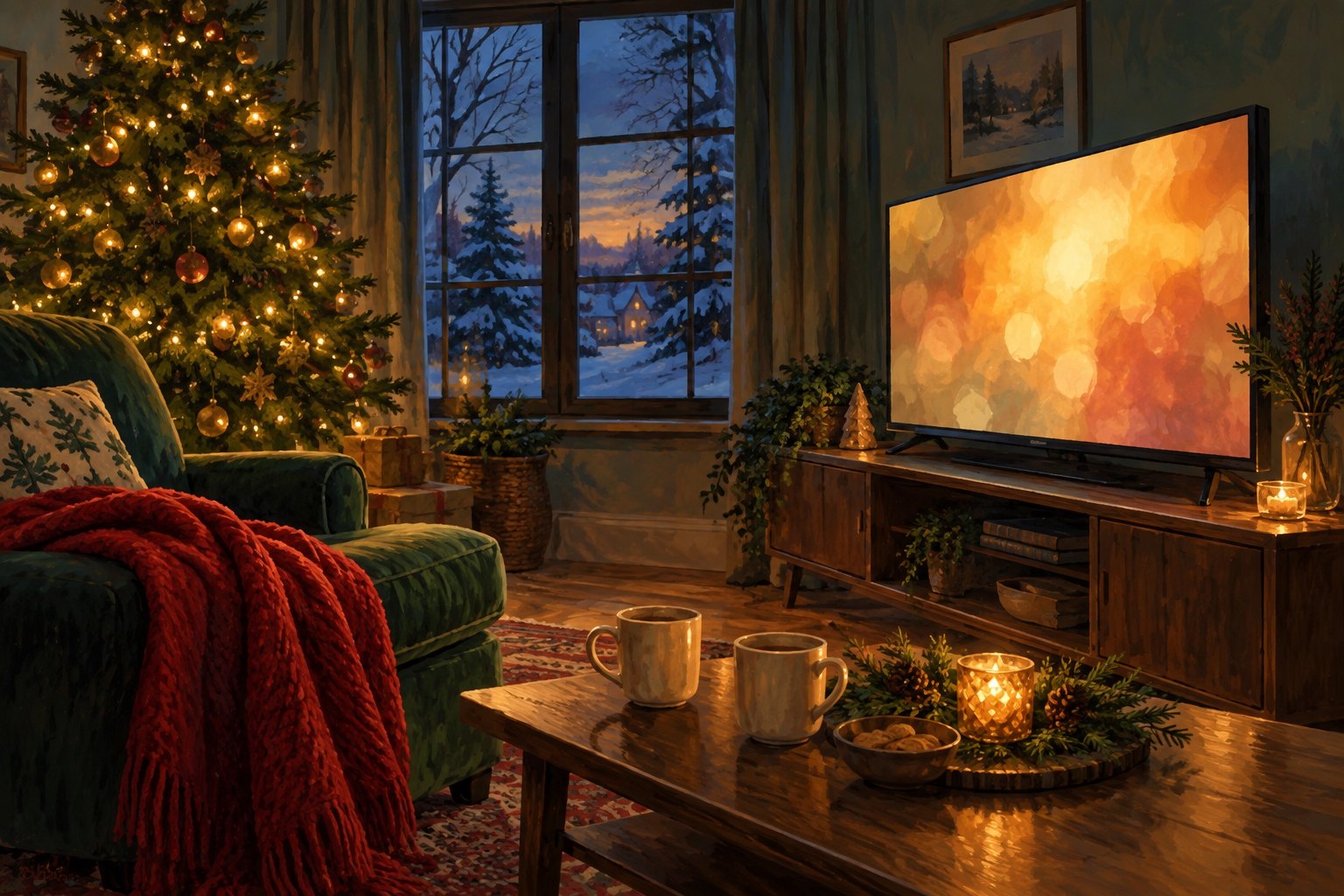 Painterly illustration of a Christmas living room with a glowing television, decorated tree, red blanket, and two mugs at winter dusk.