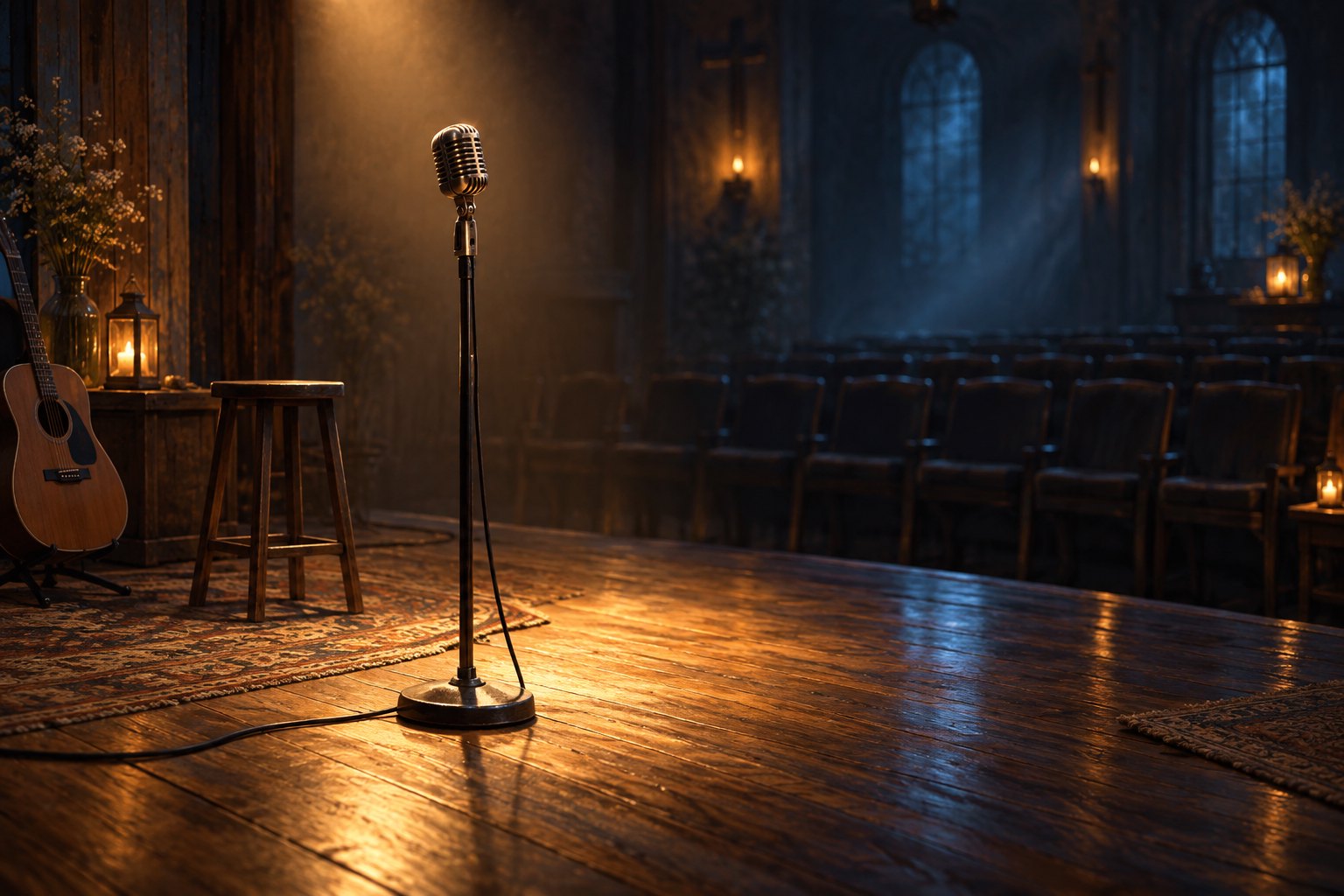 An editorial illustration of a vintage microphone illuminated by amber light in an empty performance space.