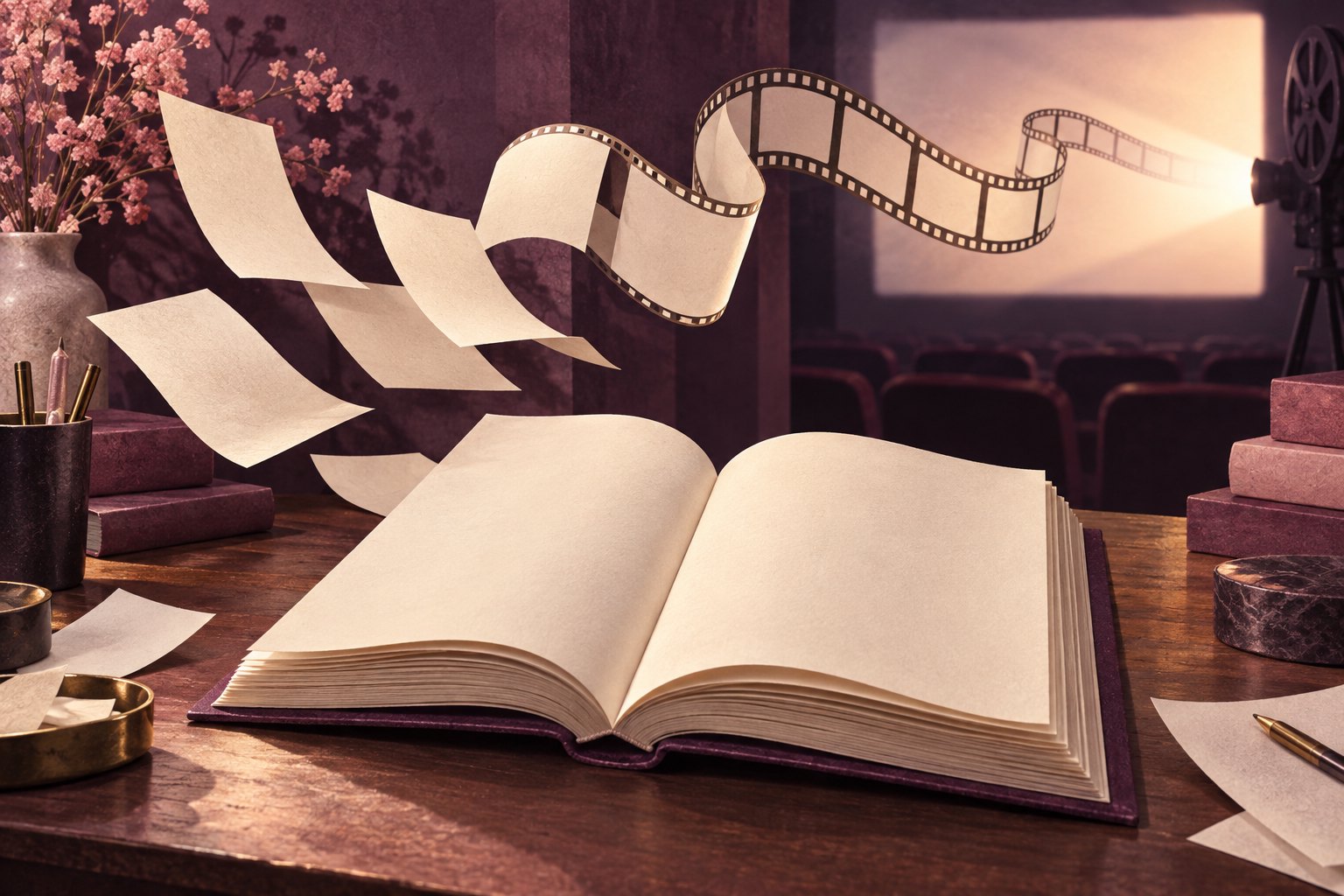 Conceptual illustration of blank book pages becoming a curling filmstrip in front of a glowing cinema screen.