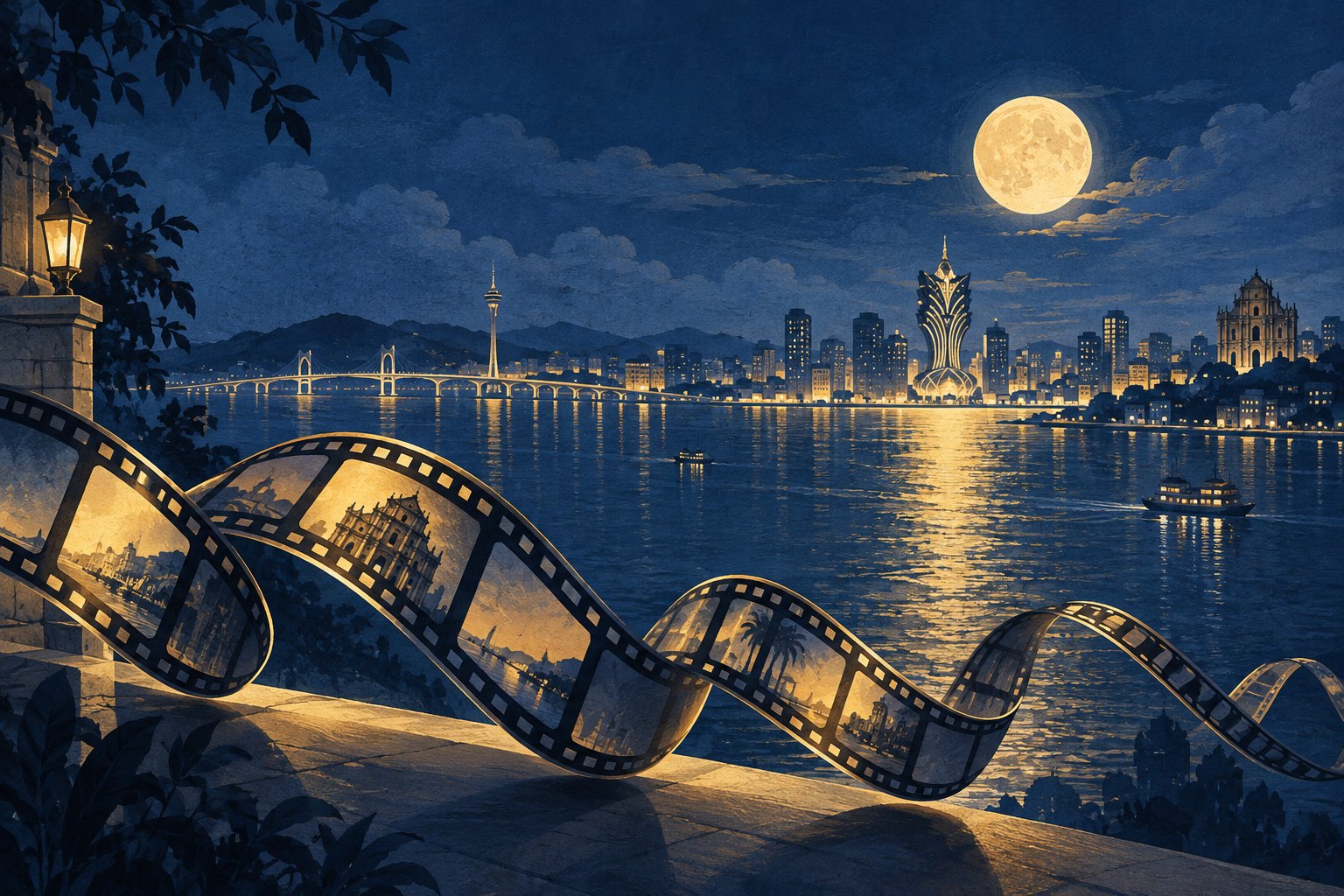 澳门海湾月夜与蜿蜒电影胶片交织的概念插画,非晚会现场