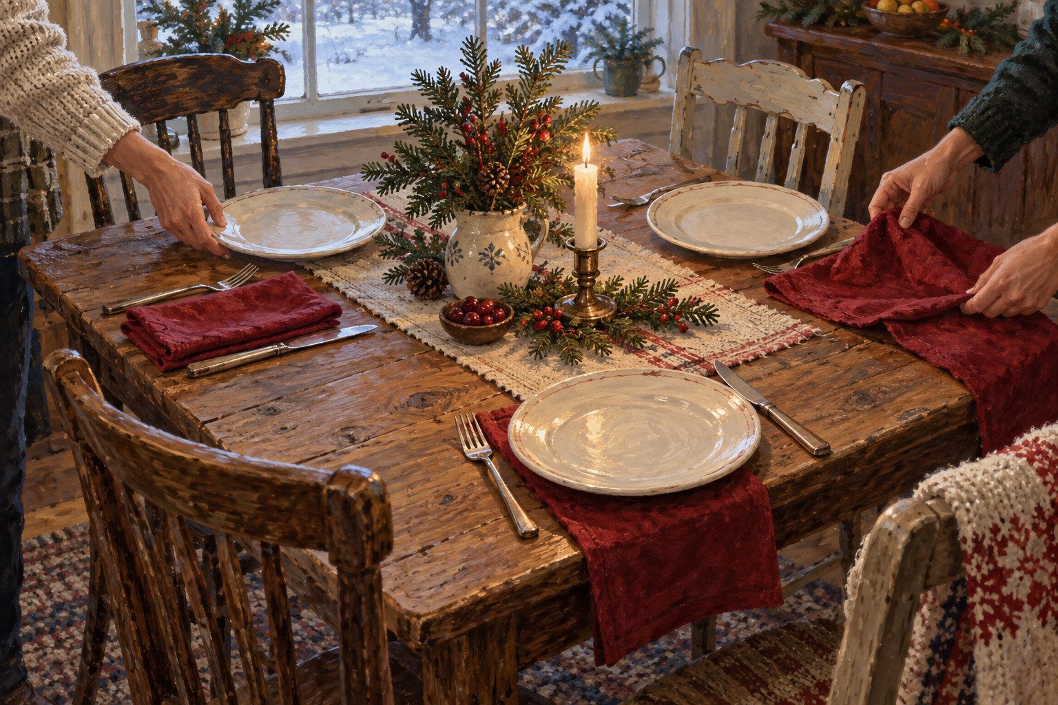 Painterly illustration of hands arranging cream plates and red napkins around a candlelit Christmas table beside a snowy window.
