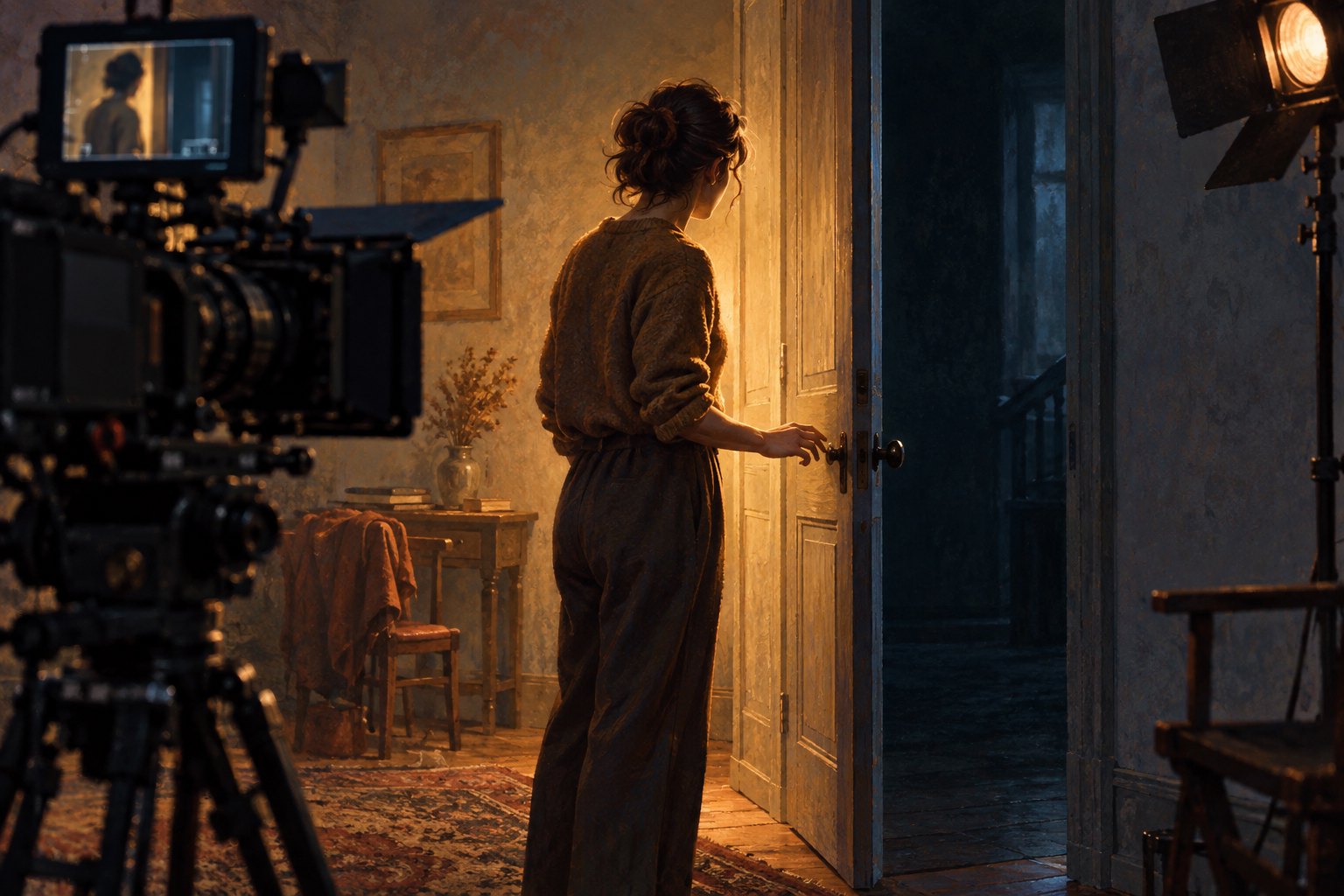 Conceptual illustration of a performer hesitating at a half-open doorway while a cinema camera frames the scene.