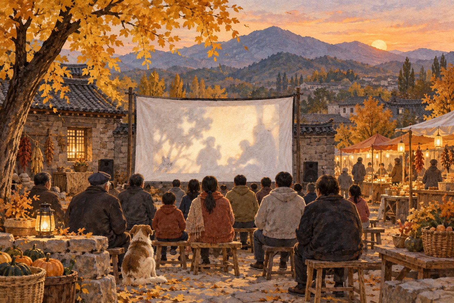 秋日乡村观影概念插画：观众在山村院落面向银幕就座，旁侧市集亮起暖灯