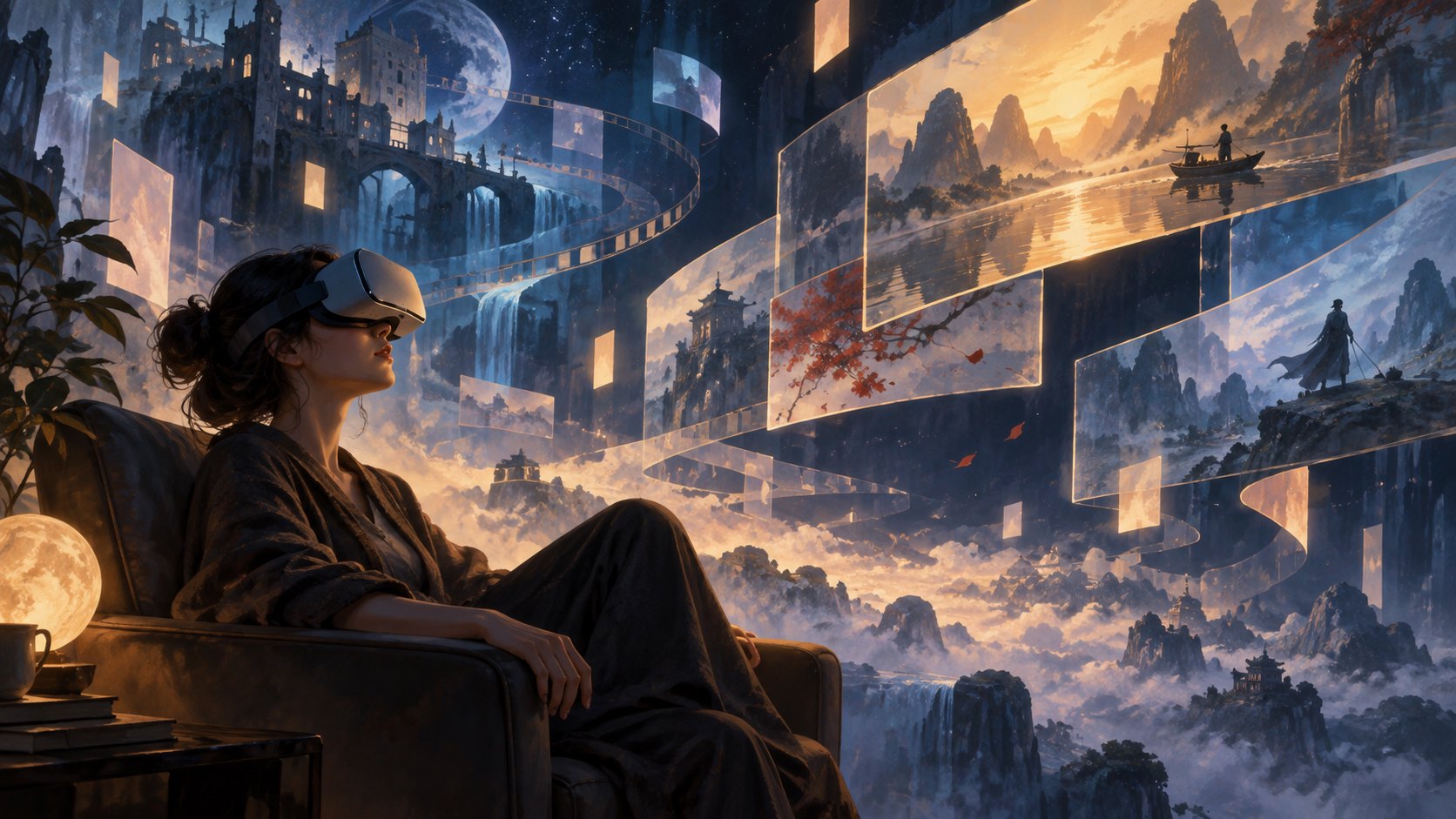 觀眾戴著VR頭顯坐在椅上,周圍展開漂浮光影與幻想景觀的原創概念插畫,非展場或作品畫面