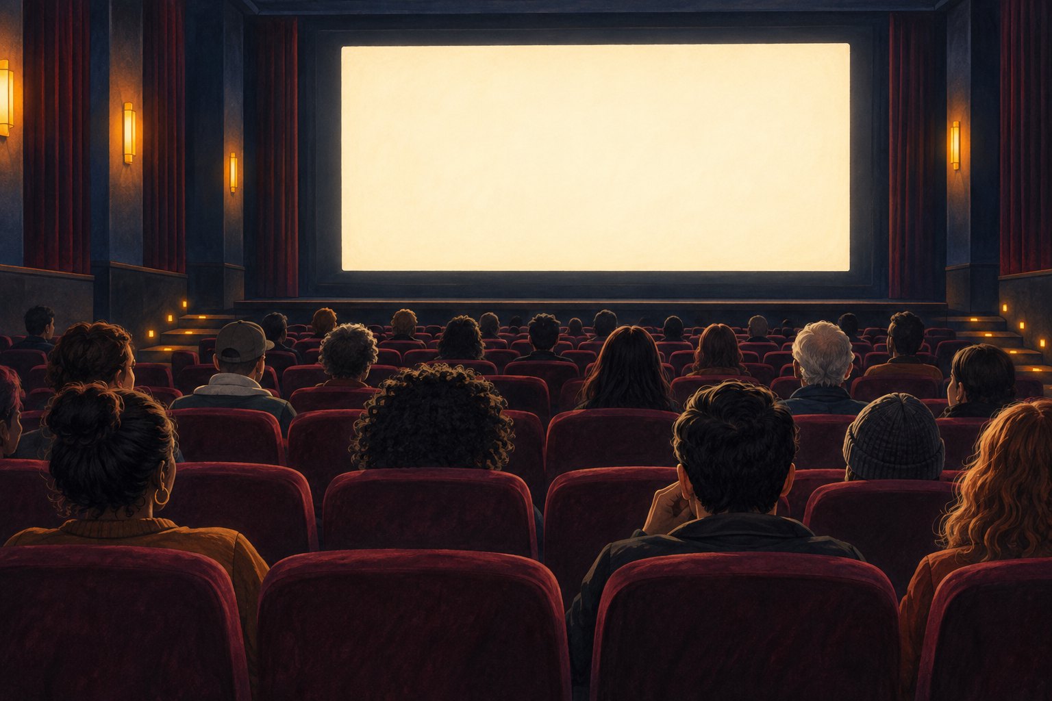 Editorial illustration of moviegoers in burgundy theater seats facing a glowing blank screen.