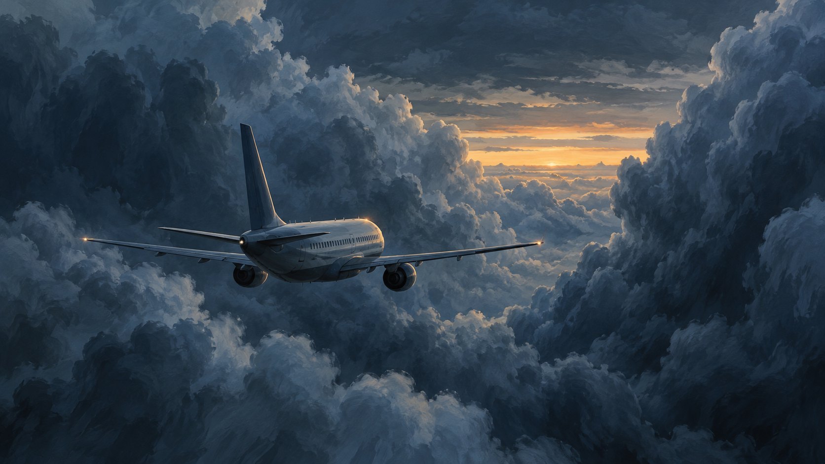 客機飛行於深藍色厚重雲層之間,遠方透出暖光的原創概念插畫,非電影劇照