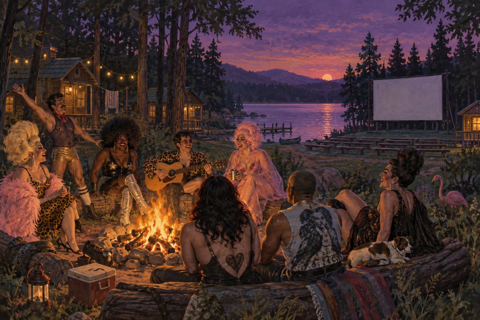 Conceptual illustration of flamboyantly dressed adult film fans around a lakeside campfire at dusk, with cabins and an outdoor movie screen.