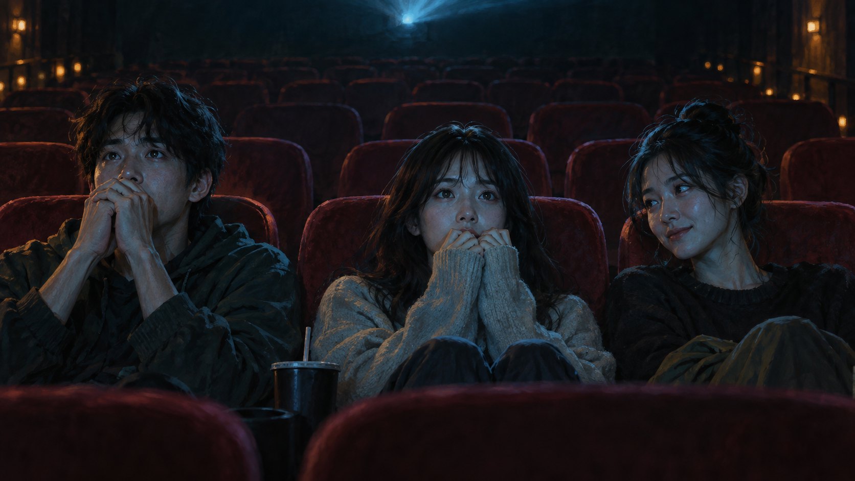 原創情境插畫:三名年輕觀眾坐在昏暗影廳中,神情緊張並與同伴交換眼神