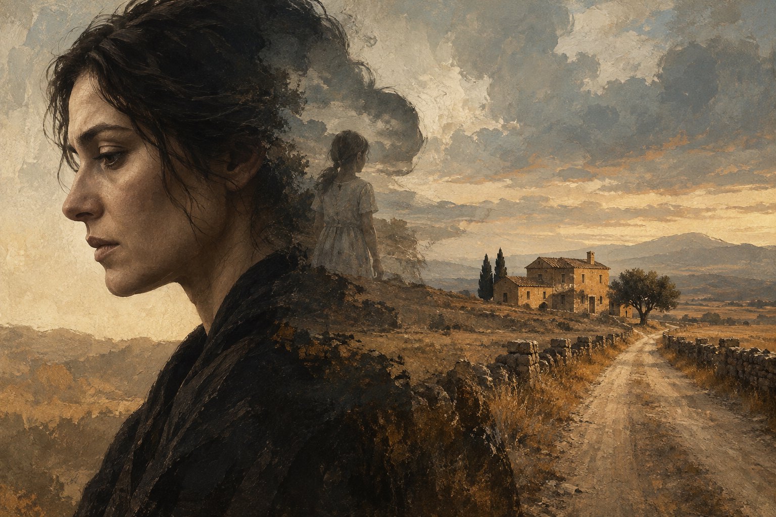 Painterly illustration of a dark-haired woman in profile, a child's silhouette, and a remote farmhouse beside a dusty road.