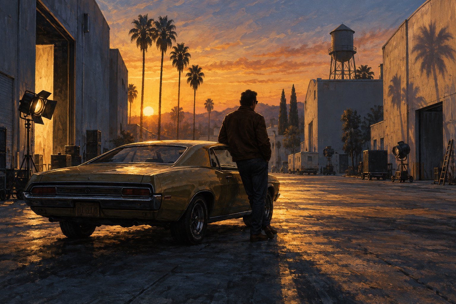 Conceptual illustration of a lone man beside a vintage coupe on a Hollywood studio backlot at dusk.