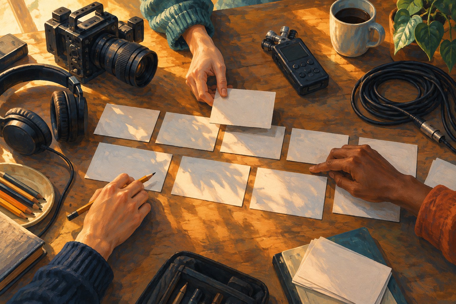 Editorial illustration of students arranging blank story cards around a camera, headphones, and an audio recorder on a sunlit table.