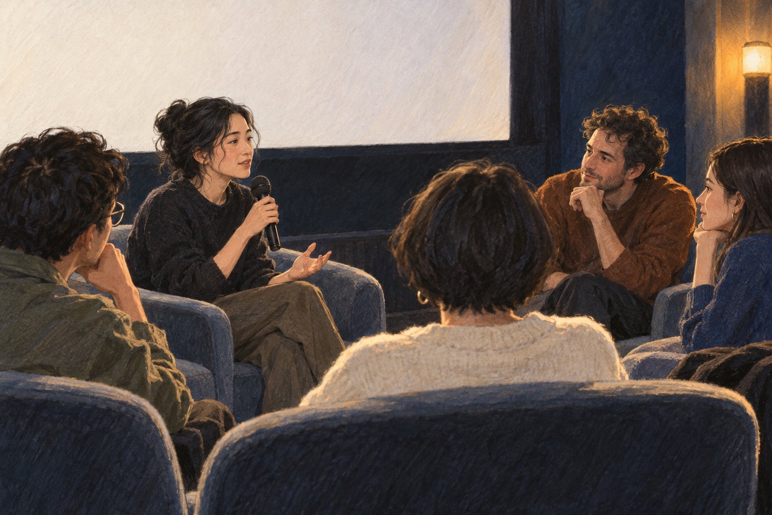 概念插画:几位观众在影院围坐交流,一人手持麦克风发言,其他人认真倾听