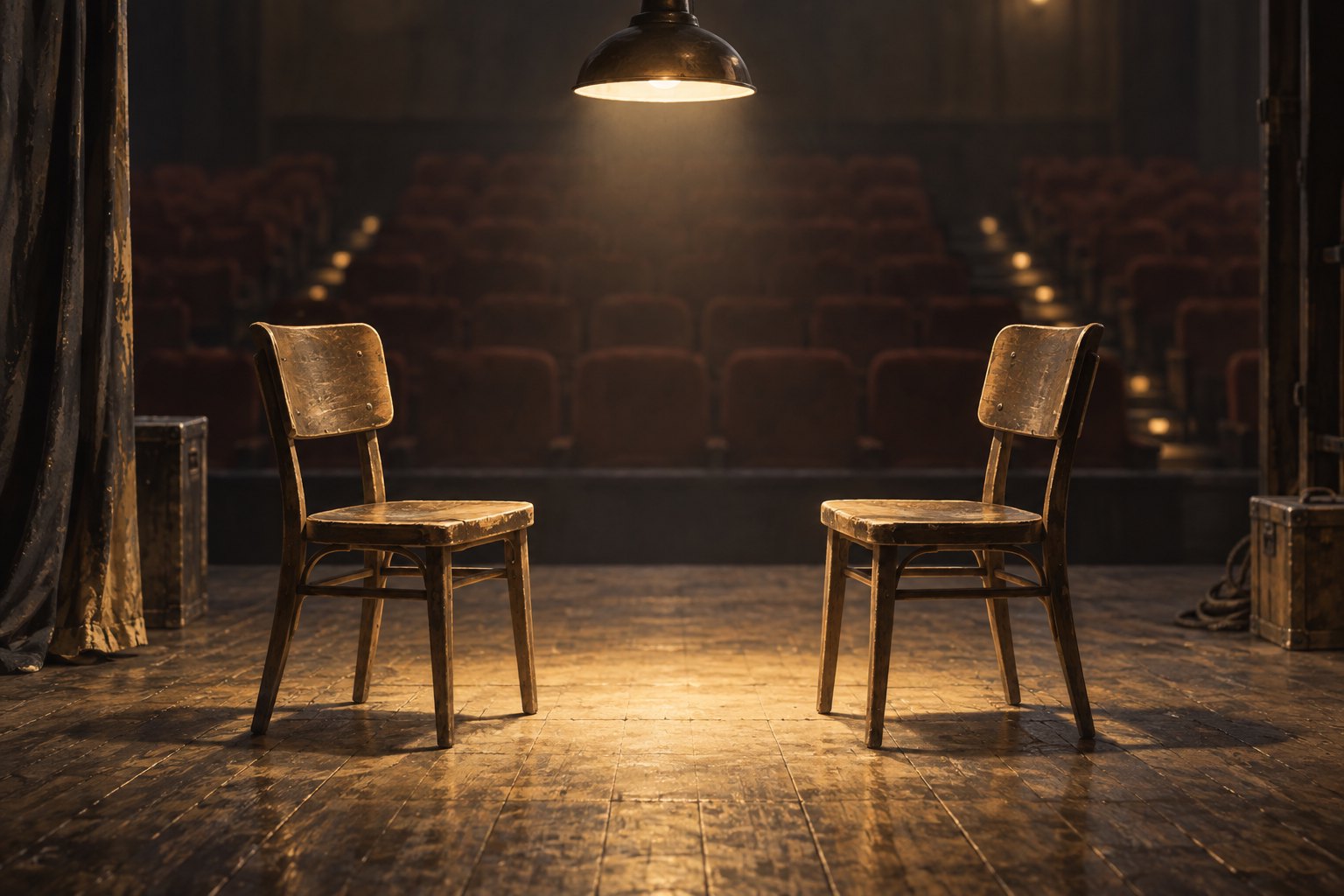 Conceptual illustration of two empty rehearsal chairs facing each other under a warm light on a wooden stage.