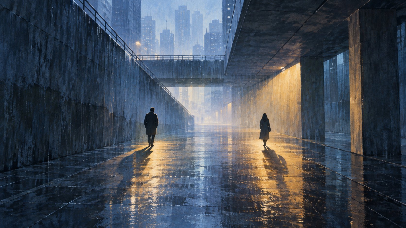 兩道人影置身寬闊的城市通道,暖光與冷色陰影交錯,呈現個體與群體關係的原創概念插畫,非電影劇照